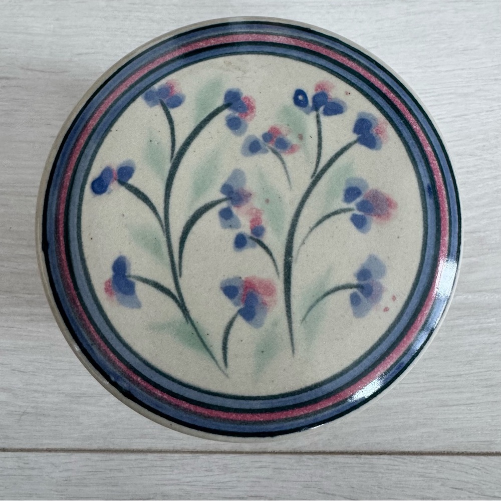 Rustic Floral Ceramic Pottery Lidded Trinket Box